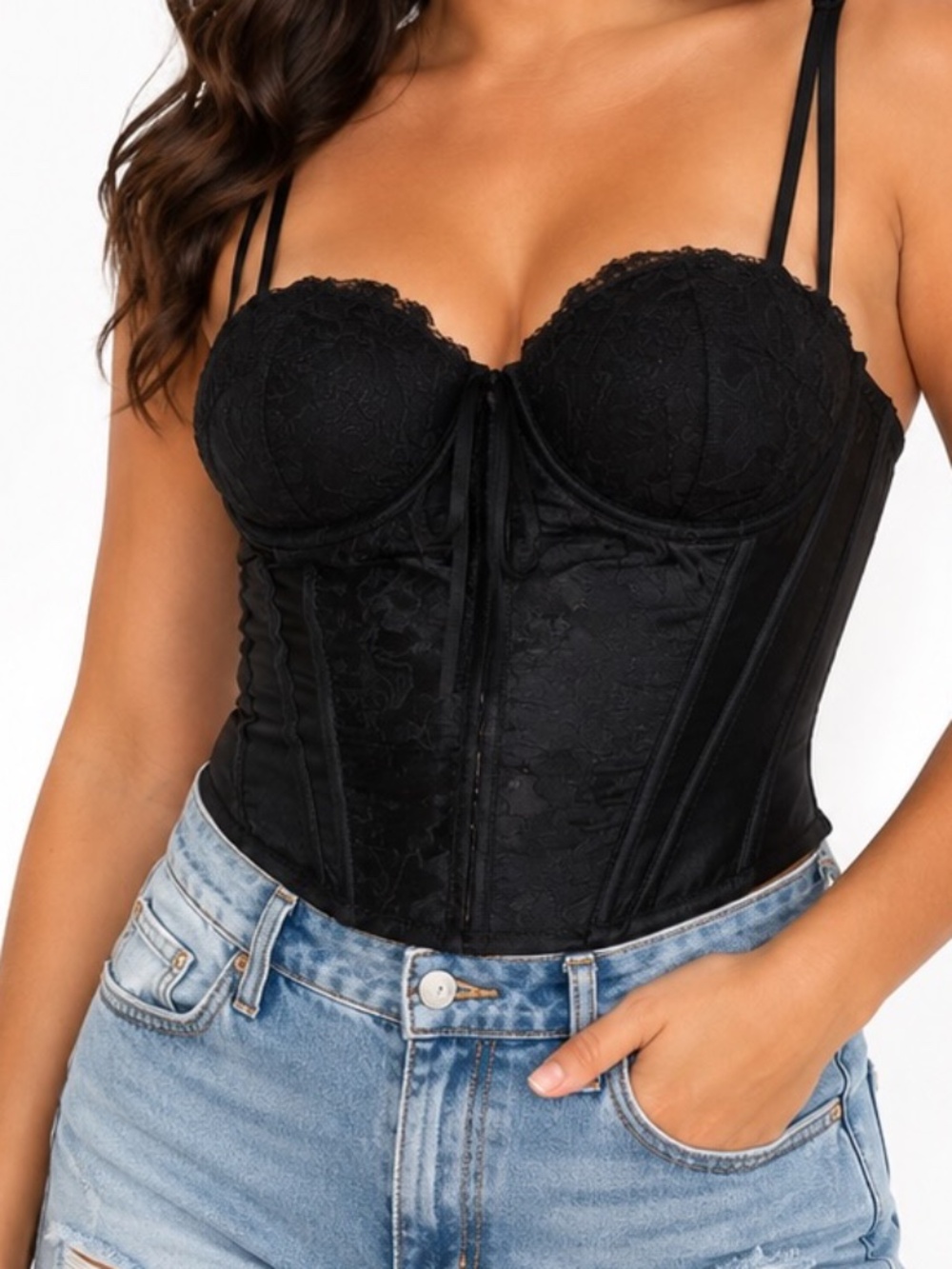 Jolie Intimates Corset Womens Size Small Black Satin Lace Coquette Sexy Clubwear